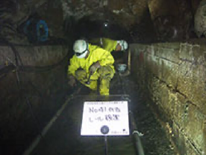 小断面内(W=1.2m、H=1.5m)単管レールを設置して材料運搬